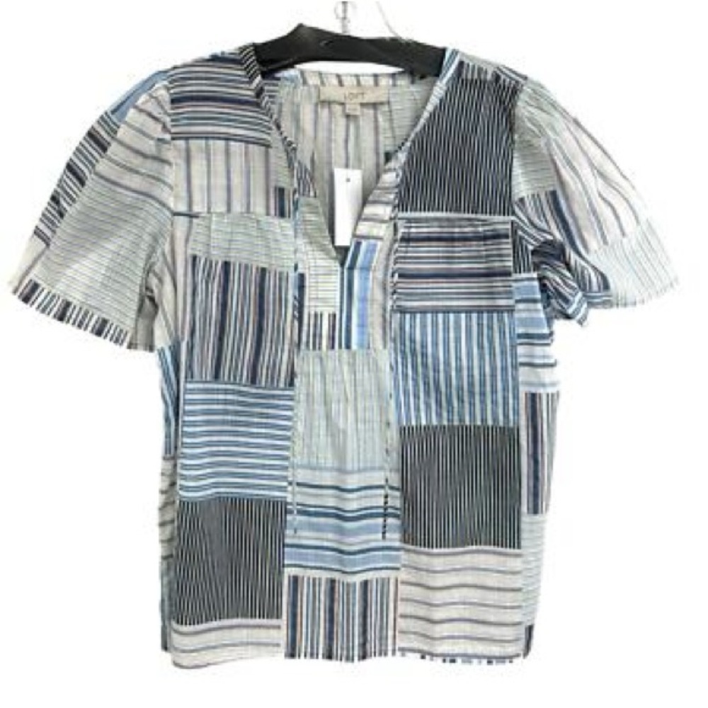NWOT LOFT Laguna Blue Patchwork Stripe Blouse XSP Petite Cotton Tie Neck Top - Picture 2 of 9